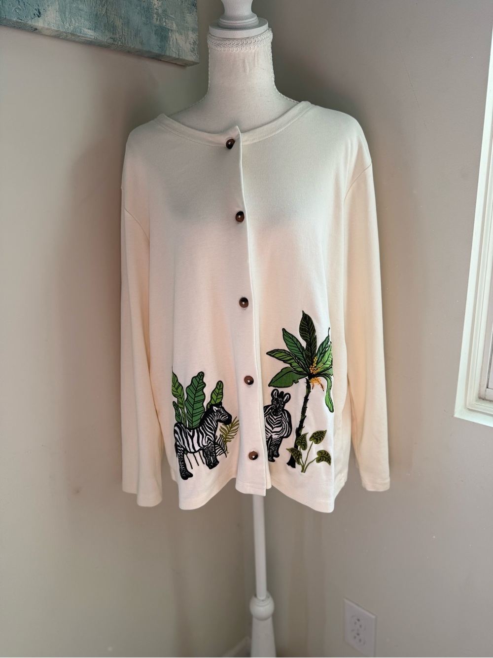 Blair Cream Embroidered Zebra Button Down Shirt XL Grandmacore Safari Animal